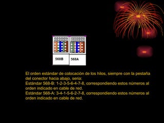 El orden estándar de colocación de los hilos, siempre con la pestaña del conector hacia abajo, seria:  Estándar 568-B: 1-2-3-5-6-4-7-8, correspondiendo estos números al orden indicado en cable de red.  Estándar 568-A: 3-4-1-5-6-2-7-8, correspondiendo estos números al orden indicado en cable de red.  