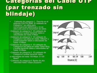 Categorías del Cable UTP (par trenzado sin blindaje) •  Cableado de categoría 1 : Descrito en el estándar EIA/TIA 568B. El cableado de Categoría 1 se utiliza para comunicaciones telefónicas y no es adecuado para la transmisión de datos. •  Cableado de categoría 2 : El cableado de Categoría 2 puede transmitir datos a velocidades de hasta 4 Mbps. •  Cableado de categoría 3 : El cableado de Categoría 3 se utiliza en redes 10BaseT y puede transmitir datos a velocidades de hasta 10 Mbps. •  Cableado de categoría 4 : El cableado de Categoría 4 se utiliza en redes Token Ring y puede transmitir datos a velocidades de hasta 16 Mbps. •  Cableado de categoría 5 : El cableado de Categoría 5 puede transmitir datos a velocidades de hasta 100 Mbps. O 100 BaseT •  Cableado de categoría 6: Redes de alta velocidad hasta 1Gbps (Equipos) 