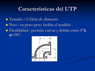 Características del UTP
 Tamaño : 0.52cm de diámetro
 Peso : su poco peso facilita el tendido .
 Flexibilidad : permite curvar y doblar entre 0°
a<90°.
 