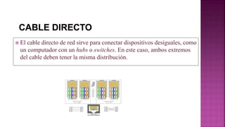  El cable directo de red sirve para conectar dispositivos desiguales, como
un computador con un hubs o switches. En este caso, ambos extremos
del cable deben tener la misma distribución.
 