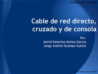 Gestión Redes de Datos




Cable de red directo,
cruzado y de consola
                           Por:
   Astrid Katerine Muñoz Garcia
   Jorge Andrés Ocampo Suárez




                       SENA Cesge Ficha 455596
 