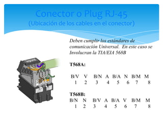 Conector o Plug RJ-45
(Ubicación de los cables en el conector)

               Deben cumplir los estándares de
               comunicación Universal. En este caso se
               Involucran la TIA/EIA 568B

               T568A:

               B/V V      B/N A B/A N B/M M
                1  2       3  4   5  6 7   8

               T568B:
               B/N N     B/V A B/A V B/M M
                 1 2     3   4 5   6  7   8
 