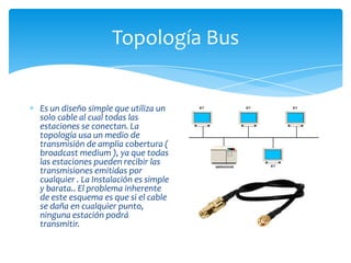 Topología Bus


Es un diseño simple que utiliza un
solo cable al cual todas las
estaciones se conectan. La
topología usa un medio de
transmisión de amplia cobertura (
broadcast medium ), ya que todas
las estaciones pueden recibir las
transmisiones emitidas por
cualquier . La Instalación es simple
y barata.. El problema inherente
de este esquema es que si el cable
se daña en cualquier punto,
ninguna estación podrá
transmitir.
 