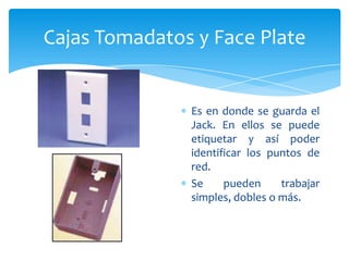 Cajas Tomadatos y Face Plate


               Es en donde se guarda el
               Jack. En ellos se puede
               etiquetar y así poder
               identificar los puntos de
               red.
               Se     pueden     trabajar
               simples, dobles o más.
 