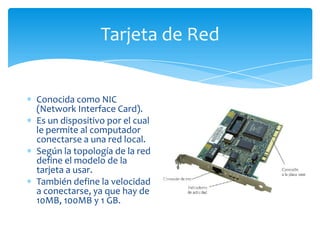 Tarjeta de Red


Conocida como NIC
(Network Interface Card).
Es un dispositivo por el cual
le permite al computador
conectarse a una red local.
Según la topología de la red
define el modelo de la
tarjeta a usar.
También define la velocidad
a conectarse, ya que hay de
10MB, 100MB y 1 GB.
 