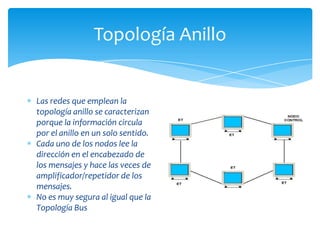 Topología Anillo


Las redes que emplean la
topología anillo se caracterizan
porque la información circula
por el anillo en un solo sentido.
Cada uno de los nodos lee la
dirección en el encabezado de
los mensajes y hace las veces de
amplificador/repetidor de los
mensajes.
No es muy segura al igual que la
Topología Bus
 