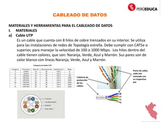 CABLEADO DE DATOS
MATERIALES Y HERRAMIENTAS PARA EL CABLEADO DE DATOS
I. MATERIALES
a) Cable UTP
Es un cable que cuenta con 8 hilos de cobre trenzados en su interior. Se utiliza
para las instalaciones de redes de Topología estrella. Debe cumplir con CAT5e o
superior, para manejar la velocidad de 100 o 1000 Mbps. Los hilos dentro del
cable tienen colores, que son: Naranja, Verde, Azul y Marrón. Sus pares son de
color blanco con líneas Naranja, Verde, Azul y Marrón.
Pares de cable,
cada uno
trenzado con
su respectivo
par
Cubierta de
protección
de los
cables.
 