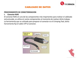 CABLEADO DE DATOS
PROCEDIMIENTO DE CONECTORIZACION
I. Conector RJ45
El conector RJ45 en uno de los componentes más importantes para realizar el cableado
estructurado, se utiliza en varios componentes al momento de realizar dicho trabajo.
La herramienta que se utilizada para preparar el conector es el Crimping Tool, dicha
herramienta fija el cable UTP al conector.
Capucha
Pestaña
UTP Cat 6
Par trenzado
RJ 45
Partes de un
conector
 