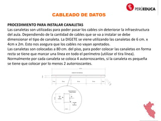 CABLEADO DE DATOS
PROCEDIMIENTO PARA INSTALAR CANALETAS
Las canaletas son utilizadas para poder pasar los cables sin deteriorar la infraestructura
del aula. Dependiendo de la cantidad de cables que se va a instalar se debe
dimensionar el tipo de canaleta. La DIGETE se viene utilizando las canaletas de 6 cm. x
4cm x 2m. Esto nos asegura que los cables no vayan apretados.
Las canaletas son colocadas a 80 cm. del piso, para poder colocar las canaletas en forma
recta se tiene que marcar una línea en todo el perímetro (utilizar el tira línea).
Normalmente por cada canaleta se coloca 4 autorroscantes, si la canaleta es pequeña
se tiene que colocar por lo menos 2 autorroscantes.
4
cm
15 cm 56 cm 56 cm 56 cm 15 cm
6cm
2.0 m
CANALETA DE 60X40mm
Autorroscante de 1¨
Cabeza estrella
Tapa
de
canaleta
Canaleta
de
60x40mm
4 cm
6cm
 