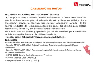 CABLEADO DE DATOS
ESTANDARES DEL CABLEADO ESTRUCTURADO DE DATOS
A principios de 1990, la industria de Telecomunicaciones reconoció la necesidad de
establecer lineamientos para el cableado de voz y datos en edificios. Estos
lineamientos proveen la dirección para efectuar instalaciones correctas de los
nuevos productos de Telecomunicaciones así como los detalles para realizar
movimientos, adiciones y cambios en una instalación existente.
Estos estándares son escritos y aprobados por comités formados por Profesionales
de la industria sobre la cual actúan dichos estándares.
Estándar para el Cableado de Telecomunicaciones de Edificios
Comerciales
Estándar ANSI/TIA/EIA-568-A de Alambrado de Telecomunicaciones para Edificios Comerciales.
· Estándar ANSI/TIA/EIA-569 de Rutas y Espacios de Telecomunicaciones para Edificios
Comerciales.
· Estándar ANSI/TIA/EIA-606 de Administración para la Infraestructura de Telecomunicaciones
de Edificios Comerciales.
· ISO/IEC 11801 Generic Cabling for customer Premises.
· National Electrical Code 1996(NEC).
· Código Eléctrico Nacional (CODEC).
 