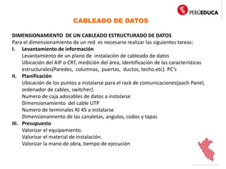 CABLEADO DE DATOS
DIMENSIONAMIENTO DE UN CABLEADO ESTRUCTURADO DE DATOS
Para el dimensionamiento de un red es necesario realizar las siguientes tareas:
I. Levantamiento de información
Levantamiento de un plano de instalación de cableado de datos
Ubicación del AIP o CRT, medición del área, identificación de las características
estructurales(Paredes, columnas, puertas, ductos, techo.etc). PC’s
II. Planificación
Ubicación de los puntos a instalarse para el rack de comunicaciones(pach Panel,
ordenador de cables, switcher).
Numero de caja adosables de datos a instalarse
Dimensionamiento del cable UTP
Numero de terminales RJ 45 a instalarse
Dimensionamiento de las canaletas, angulos, codos y tapas
III. Presupuesto
Valorizar el equipamiento.
Valorizar el material de instalación.
Valorizar la mano de obra, tiempo de ejecución
 