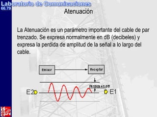 Atenuación
La Atenuación es un parámetro importante del cable de par
trenzado. Se expresa normalmente en dB (decibeles) y
expresa la perdida de amplitud de la señal a lo largo del
cable.
 