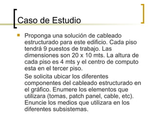Caso de Estudio  Proponga una solución de cableado estructurado para este edificio. Cada piso tendrá 9 puestos de trabajo. Las dimensiones son 20 x 10 mts. La altura de cada piso es 4 mts y el centro de computo esta en el tercer piso. Se solicita ubicar los diferentes componentes del cableado estructurado en el gráfico. Enumere los elementos que utilizara (tomas, patch panel, cable, etc). Enuncie los medios que utilizara en los diferentes subsistemas. 