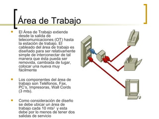 Área de Trabajo El Área de Trabajo extiende desde la salida de telecomunicaciones (OT) hasta la estación de trabajo. El cableado del área de trabajo es diseñado para ser relativamente simple de interconectar de tal manera que ésta pueda ser removida, cambiada de lugar, colocar una nueva muy fácilmente Los componentes del área de trabajo son Teléfonos, Fax, PC’s, Impresoras, Wall Cords (3 mts). Como consideración de diseño se debe ubicar un área de trabajo cada 10 mts 2  y esta debe por lo menos de tener dos salidas de servicio   