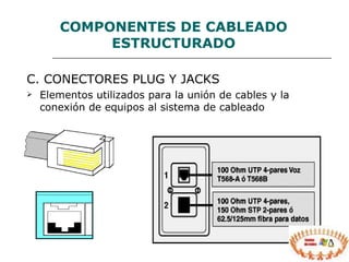 COMPONENTES  DE CABLEADO ESTRUCTURADO C. CONECTORES PLUG Y JACKS   Elementos utilizados para la unión de cables y la conexión de equipos al sistema de cableado 
