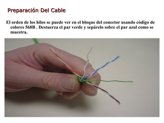 Preparación Del Cable

El orden de los hilos se puede ver en el bloque del conector usando código de
  colores 568B . Destuerza el par verde y sepárelo sobre el par azul como se
  muestra.
 