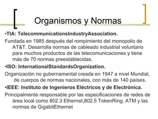 Organismos y Normas
•TIA: TelecommunicationsIndustryAssociation.
Fundada en 1985 después del rompimiento del monopolio de
AT&T. Desarrolla normas de cableado industrial voluntario
para muchos productos de las telecomunicaciones y tiene
más de 70 normas preestablecidas.
•ISO: InternationalStandardsOrganization.
Organización no gubernamental creada en 1947 a nivel Mundial,
de cuerpos de normas nacionales, con más de 140 países.
•IEEE: Instituto de Ingenieros Eléctricos y de Electrónica.
Principalmente responsable por las especificaciones de redes de
área local como 802.3 Ethernet,802.5 TokenRing, ATM y las
normas de GigabitEthernet
 