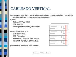 Elaborado por Prof. Ricardo Gonzalez
CABLEADO VERTICAL
Interconexión entre dos closet de telecomunicaciones, cuarto de equipos y entrada de
servicios, también incluye cableado entre edificios.
Cables:
Multipar UTP de 100W
STP de 150W
Fibra óptica Multimodo y Monomodo.
Distancia Máximas Voz
UTP 800 metros.
STP 700 metros.
Fibra MM 62.5/125um 2000 metros.
Fibra SM 8.3/125um 3000 metros.
para datos se conservan los 90 metros.
 