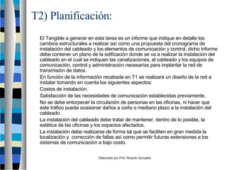 Elaborado por Prof. Ricardo Gonzalez
T2) Planificación:
El Tangible a generar en esta tarea es un informe que indique en detalle los
cambios estructurales a realizar así como una propuesta del cronograma de
instalación del cableado y los elementos de comunicación y control, dicho informe
debe contener un plano de la edificación donde se va a realizar la instalación del
cableado en el cual se indiquen las canalizaciones, el cableado y los equipos de
comunicación, control y administración necesarios para implantar la red de
transmisión de datos.
En función de la información recabada en T1 se realizará un diseño de la red a
instalar tomando en cuenta los siguientes aspectos:
Costos de instalación.
Satisfacción de las necesidades de comunicación establecidas previamente.
No se debe entorpecer la circulación de personas en las oficinas, ni hacer que
este tráfico pueda ocasionar daños a corto o mediano plazo a la instalación del
cableado.
La instalación del cableado debe tratar de mantener, dentro de lo posible, la
estética de las oficinas y los espacios afectados.
La instalación debe realizarse de forma tal que se faciliten en gran medida la
localización y corrección de fallas así como permitir futuras extensiones a los
sistemas de comunicación a bajo costo.
 