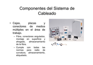 Componentes del Sistema de
Cableado
• Cajas, placas y
conectores de medios
múltiples en el área de
trabajo.
– Fibra, conectores angulados,
montaje en superficie y
ahogado, almacenamiento
de la fibra.
– Cumple con todas las
normas para radio de
curvatura, almacenamiento,
etiquetado.
 