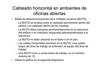 • Salida de telecomunicaciones para múltiples usuarios (MUTO).
La MUTO se localiza entre el cableado permanente dentro del
edificio y el cableado dentro de los muebles.
La MUTO debe colocarse permanentemente en la estructura
del edificio o en mobiliario asegurado permanentemente a la
estructura.
La MUTO no debe ubicarse en el techo o en el piso
– Los cables horizontales terminan en la MUTO y los cables
largos del área de trabajo se extienden al equipo del área de
trabajo.
– Una MUTO sirve a varias áreas de trabajo, en un número
máximo de 12.
• Véase la gráfica en la siguiente diapositiva.
Cableado horizontal en ambientes de
oficinas abiertas
 