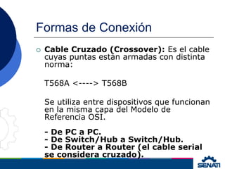 Formas de Conexión
 Cable Cruzado (Crossover): Es el cable
cuyas puntas están armadas con distinta
norma:
T568A <----> T568B
Se utiliza entre dispositivos que funcionan
en la misma capa del Modelo de
Referencia OSI.
- De PC a PC.
- De Switch/Hub a Switch/Hub.
- De Router a Router (el cable serial
se considera cruzado).
 