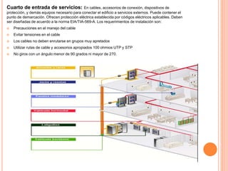 Cuarto de entrada de servicios: En cables, accesorios de conexión, dispositivos de
protección, y demás equipos necesario para conectar el edificio a servicios externos. Puede contener el
punto de demarcación. Ofrecen protección eléctrica establecida por códigos eléctricos aplicables. Deben
ser diseñadas de acuerdo a la norma EIA/TIA-569-A. Los requerimientos de instalación son:
 Precauciones en el manejo del cable
 Evitar tensiones en el cable
 Los cables no deben enrutarse en grupos muy apretados
 Utilizar rutas de cable y accesorios apropiados 100 ohmios UTP y STP
 No giros con un ángulo menor de 90 grados ni mayor de 270.
 