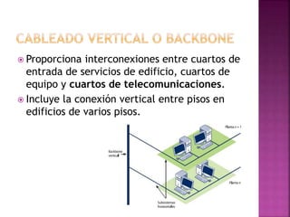  Proporciona interconexiones entre cuartos de
entrada de servicios de edificio, cuartos de
equipo y cuartos de telecomunicaciones.
 Incluye la conexión vertical entre pisos en
edificios de varios pisos.
 