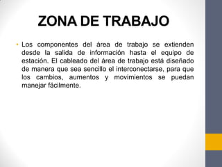 ZONA DE TRABAJO
• Los componentes del área de trabajo se extienden
desde la salida de información hasta el equipo de
estación. El cableado del área de trabajo está diseñado
de manera que sea sencillo el interconectarse, para que
los cambios, aumentos y movimientos se puedan
manejar fácilmente.
 