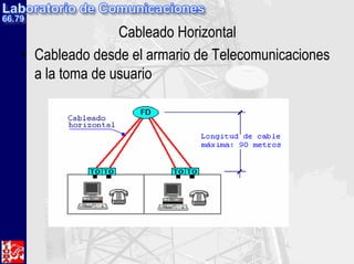 Cableado Horizontal
• Cableado desde el armario de Telecomunicaciones
a la toma de usuario
 