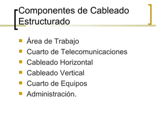 Componentes de Cableado Estructurado Área de Trabajo Cuarto de Telecomunicaciones  Cableado Horizontal Cableado Vertical  Cuarto de Equipos  Administración. 