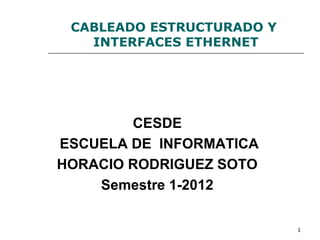1
CABLEADO ESTRUCTURADO Y
INTERFACES ETHERNET
CESDE
ESCUELA DE INFORMATICA
HORACIO RODRIGUEZ SOTO
Semestre 1-2012
 