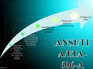 Proporciona
normas para
la codificación de
colores,
etiquetado,
y documentación
de un sistema de
cableado
instalado.
Normas de
Administración de
Infraestructura de
Telecomunicacion
es en Edificios
Comerciales
Estándares de
estructura de
cableado
Ubicación,
planos e
infraestructura
Códigos de
color
 