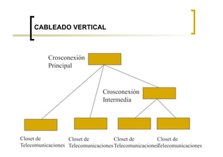 CABLEADO VERTICAL



           Crosconexión
           Principal


                                 Crosconexión
                                 Intermedia




Closet de          Closet de          Closet de        Closet de
Telecomunicaciones Telecomunicaciones Telecomunicaciones
                                                       Telecomunicaciones
 