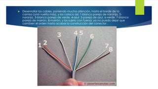  Desenrollar los cables, poniendo mucha atención, hasta el borde de la 
camisa (una vuelta más), y los coloco así: 1-blanco pareja de naranja, 2- 
naranja, 3-blanco pareja de verde, 4-azul 5-pareja de azul, 6-verde, 7-blanco 
pareja de marrón, 8-marrón, y los sujeto con fuerza; ya no puedo dejar que 
cambien el orden hasta acabar la construcción del conector . 
 
