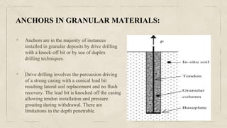 ANCHORS IN GRANULAR MATERIALS:
• Anchors are in the majority of instances
installed in granular deposits by drive drilling
with a knock-off bit or by use of duplex
drilling techniques.
• Drive drilling involves the percussion driving
of a strong casing with a conical lead bit
resulting lateral soil replacement and no flush
recovery. The lead bit is knocked off the casing
allowing tendon installation and pressure
grouting during withdrawal. There are
limitations in the depth penetrable.
 