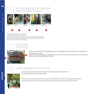 5
9
10
SETTING AXIS LINE OF EXIT BOX
FOR DIFFERENT CABLES
CHANGING
PALLETTES
Figure1 Figure2 Figure3 Figure4 Figure5
1)You need take out chrom pallette guard to change pallettes.Loosen four bolts on figure then
take pallettes out side.
2)Turn two metal black parts on figure (part 2) on the direction of arrows then you can take out
pallettes by turning pallettes with hand.
GIVING MOTION TO THE CABLE
You can regulate blowing direction (right or left) and speed (0-60 m/min) of
cable by moving direction control valve.
NOTE: You must use stop position when you are changing the direction.If you pass the opposite
direction directly and don’t stop on stop position this will damage the gears of air motors.
1 2 3 4
1) Takeout air pipe (part 1) on the figure 1.
2) Remove bolt (part 2) on the figure 2.
3)Turn metal pipe group (part 3) to the direction of the arrow on the figure 3.
4)Loosen the bolts (two bolts on figure 4 part 4 and one bolt on figure 5) and
move exit box up or down to set axis line.
5
1
2
UP-MINIMACHINE
UPCOM5
 