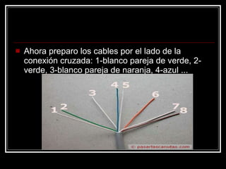 Ahora preparo los cables por el lado de la conexión cruzada: 1-blanco pareja de verde, 2-verde, 3-blanco pareja de naranja, 4-azul ...  
