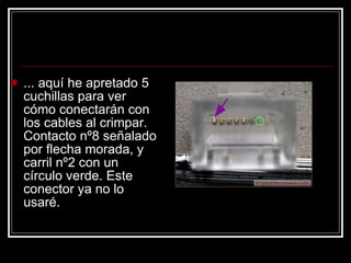... aquí he apretado 5 cuchillas para ver cómo conectarán con los cables al crimpar. Contacto nº8 señalado por flecha morada, y carril nº2 con un círculo verde. Este conector ya no lo usaré.  