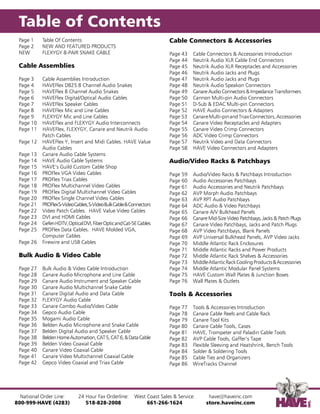 Table of Contents
 Page 1    Table Of Contents                                            Cable Connectors & Accessories
 Page 2    NEW AND FEATURED PRODUCTS
 NEW       FLEXYGY 8-PAIR SNAKE CABLE                                   Page 43    Cable Connectors & Accessories Introduction
                                                                        Page 44    Neutrik Audio XLR Cable End Connectors
 Cable Assemblies                                                       Page 45    Neutrik Audio XLR Receptacles and Accessories
                                                                        Page 46    Neutrik Audio Jacks and Plugs
 Page 3    Cable Assemblies Introduction                                Page 47    Neutrik Audio Jacks and Plugs
 Page 4    HAVEFlex DB25 8 Channel Audio Snakes                         Page 48    Neutrik Audio Speakon Connectors
 Page 5    HAVEFlex 8 Channel Audio Snakes                              Page 49    Canare Audio Connectors & Impedance Transformers
 Page 6    HAVEFlex Digital/Optical Audio Cables                        Page 50    Cannon Multi-pin Audio Connectors
 Page 7    HAVEFlex Speaker Cables                                      Page 51    D-Sub & EDAC Multi-pin Connectors
 Page 8    HAVEFlex Mic and Line Cables                                 Page 52    HAVE Audio Connectors & Adapters
 Page 9    FLEXYGY Mic and Line Cables                                  Page 53    Canare Multi-pin and Triax Connectors, Accessories
 Page 10   HAVEFlex and FLEXYGY Audio Interconnects                     Page 54    Canare Video Receptacles and Adapters
 Page 11   HAVEFlex, FLEXYGY, Canare and Neutrik Audio                  Page 55    Canare Video Crimp Connectors
           Patch Cables                                                 Page 56    ADC Video Crimp Connectors
 Page 12   HAVEFlex Y, Insert and Midi Cables. HAVE Value               Page 57    Neutrik Video and Data Connectors
           Audio Cables                                                 Page 58    HAVE Video Connectors and Adapters
 Page 13   Canare Audio Cable Systems
 Page 14   HAVE Audio Cable Systems                                     Audio/Video Racks & Patchbays
 Page 15   HAVE’s Guild Custom Cable Shop
 Page 16   PROFlex VGA Video Cables                                     Page 59    Audio/Video Racks & Patchbays Introduction
 Page 17   PROFlex Triax Cables                                         Page 60    Audio Accessories Patchbays
 Page 18   PROFlex Multichannel Video Cables                            Page 61    Audio Accessories and Neutrik Patchbays
 Page 19   PROFlex Digital Multichannel Video Cables                    Page 62    AVP Morph Audio Patchbays
 Page 20   PROFlex Single Channel Video Cables                          Page 63    AVP RPT Audio Patchbays
 Page 21   PROFlex S-Video Cables, S-Video Bulk Cable & Connectors      Page 64    ADC Audio & Video Patchbays
 Page 22   Video Patch Cables. HAVE Value Video Cables                  Page 65    Canare A/V Bulkhead Panels
 Page 23   DVI and HDMI Cables                                          Page 66    Canare Mid-Size Video Patchbays, Jacks & Patch Plugs
 Page 24   Gefen HDTV, Optical DVI, Fiber Optic and Cat-5E Cables       Page 67    Canare Video Patchbays, Jacks and Patch Plugs
 Page 25   PROFlex Data Cables. HAVE Molded VGA,                        Page 68    AVP Video Patchbays, Blank Panels
           Computer Cables                                              Page 69    AVP Universal Bulkhead Panels, AVP Video Jacks
 Page 26   Firewire and USB Cables                                      Page 70    Middle Atlantic Rack Enclosures
                                                                        Page 71    Middle Atlantic Racks and Power Products
 Bulk Audio & Video Cable                                               Page 72    Middle Atlantic Rack Shelves & Accessories
                                                                        Page 73    Middle Atlantic Rack Cooling Products & Accessories
 Page 27   Bulk Audio & Video Cable Introduction                        Page 74    Middle Atlantic Modular Panel Systems
 Page 28   Canare Audio Microphone and Line Cable                       Page 75    HAVE Custom Wall Plates & Junction Boxes
 Page 29   Canare Audio Instrument and Speaker Cable                    Page 76    Wall Plates & Outlets
 Page 30   Canare Audio Multichannel Snake Cable
 Page 31   Canare Digital Audio and Data Cable                          Tools & Accessories
 Page 32   FLEXYGY Audio Cable
 Page 33   Canare Combo Audio/Video Cable                               Page 77    Tools & Accessories Introduction
 Page 34   Gepco Audio Cable                                            Page 78    Canare Cable Reels and Cable Rack
 Page 35   Mogami Audio Cable                                           Page 79    Canare Tool Kits
 Page 36   Belden Audio Microphone and Snake Cable                      Page 80    Canare Cable Tools, Cases
 Page 37   Belden Digital Audio and Speaker Cable                       Page 81    HAVE, Trompeter and Paladin Cable Tools
 Page 38   Belden Home Automation, CAT 5, CAT 6, & Data Cable           Page 82    AVP Cable Tools, Gaffer’s Tape
 Page 39   Belden Video Coaxial Cable                                   Page 83    Flexible Sleeving and Heatshrink, Bench Tools
 Page 40   Canare Video Coaxial Cable                                   Page 84    Solder & Soldering Tools
 Page 41   Canare Video Multichannel Coaxial Cable                      Page 85    Cable Ties and Organizers
 Page 42   Gepco Video Coaxial and Triax Cable                          Page 86    WireTracks Channel




  National Order Line:       24 Hour Fax Orderline:      West Coast Sales & Service:      have@haveinc.com
800-999-HAVE (4283)             518-828-2008                  661-266-1624               store.haveinc.com
 