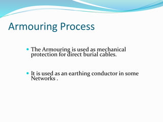 Armouring Process
 The Armouring is used as mechanical
protection for direct burial cables.
 It is used as an earthing conductor in some
Networks .
 