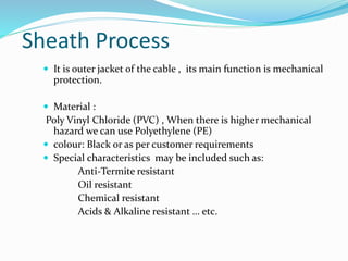 Sheath Process
 It is outer jacket of the cable , its main function is mechanical
protection.
 Material :
Poly Vinyl Chloride (PVC) , When there is higher mechanical
hazard we can use Polyethylene (PE)
 colour: Black or as per customer requirements
 Special characteristics may be included such as:
Anti-Termite resistant
Oil resistant
Chemical resistant
Acids & Alkaline resistant … etc.
 