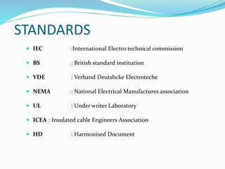 STANDARDS
 IEC :International Electro technical commission
 BS : British standard institution
 VDE : Verband Deutshcke Electroteche
 NEMA : National Electrical Manufactures association
 UL : Under writer Laboratory
 ICEA : Insulated cable Engineers Association
 HD : Harmonised Document
 