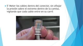  5°Meter los cables dentro del conector, sin aflojar 
la presión sobre el extremo dentro de la camisa, 
vigilando que cada cable entre en su carril 
 
