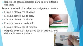  Repetir los pasos anteriores para el otro extremo 
del cable. 
Pero acomodando los cables de la siguiente manera 
 El cable blanco con el verde . 
 El cable blanco queda solo. 
 El cable blanco con el azul. 
 El cable naranja queda solo. 
 El cable blanco con el marrón. 
 Después de realizar los pasos con el otro extremo 
del, cable estará acabado. 
