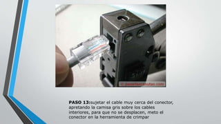 PASO 13:sujetar el cable muy cerca del conector, 
apretando la camisa gris sobre los cables 
interiores, para que no se desplacen, meto el 
conector en la herramienta de crimpar 
 
