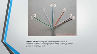 PASO 19:Ahora preparar los cables por el lado de la 
conexión cruzada: 1-blanco pareja de verde, 2-verde, 3-blanco 
pareja de naranja, 4-azul 
 