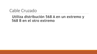 Cable Cruzado
Utiliza distribución 568 A en un extremo y
568 B en el otro extremo
 