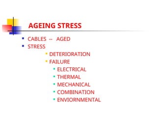 AGEING STRESS
 CABLES -- AGED
 STRESS
 DETERIORATION
 FAILURE

ELECTRICAL

THERMAL

MECHANICAL

COMBINATION

ENVIORNMENTAL
 