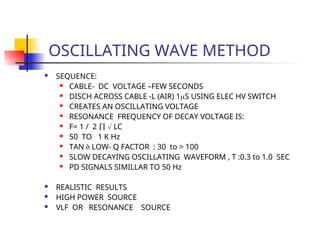 OSCILLATING WAVE METHOD
 SEQUENCE:
 CABLE- DC VOLTAGE –FEW SECONDS
 DISCH ACROSS CABLE -L (AIR) 1S USING ELEC HV SWITCH
 CREATES AN OSCILLATING VOLTAGE
 RESONANCE FREQUENCY OF DECAY VOLTAGE IS:
 F= 1 / 2   LC
 50 TO 1 K Hz
 TAN  LOW- Q FACTOR : 30 to > 100
 SLOW DECAYING OSCILLATING WAVEFORM , T :0.3 to 1.0 SEC
 PD SIGNALS SIMILLAR TO 50 Hz
 REALISTIC RESULTS
 HIGH POWER SOURCE
 VLF OR RESONANCE SOURCE
 